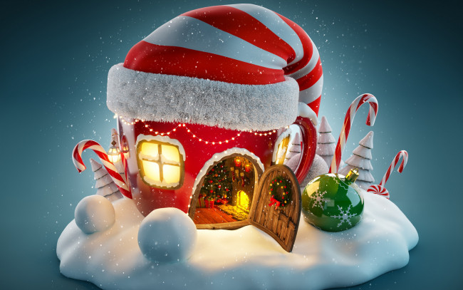 Обои картинки фото праздничные, - разное , новый год, шапка, домик, елка