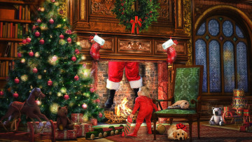 Картинка праздничные -+разное+ новый+год елка камин ребенок