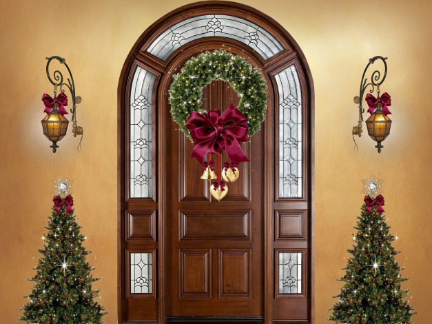 Обои картинки фото праздничные, ёлки, фонари, елки, венок