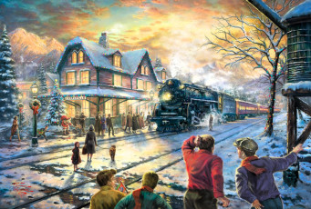 обоя рисованное, thomas kinkade, люди, здания, поезд, ёлка