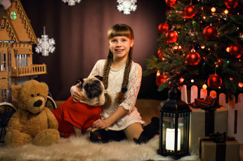 Картинка разное дети девочка ёлка собака мишка фонарь домик