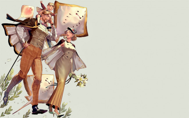 Обои картинки фото аниме, животные,  существа, женщина, мужчина, ребенок, семья, цветы, скаты