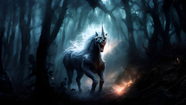 Обои картинки фото 3д графика, существа , creatures, монстр, единорог, лес