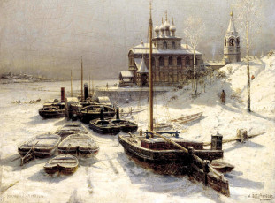 Картинка рисованное алексей+боголюбов город зима лед снег лодки река