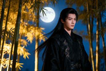 обоя 3д графика, люди , people, парень, волосы, наряд, луна, бамбук, лес