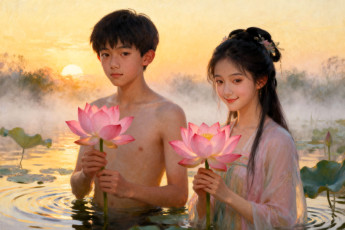 обоя рисованное, дети, мальчик, девочка, лотосы, озеро, закат, туман