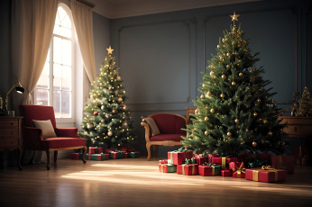 обоя праздничные, ёлки, комната, подарки, кресла, окно