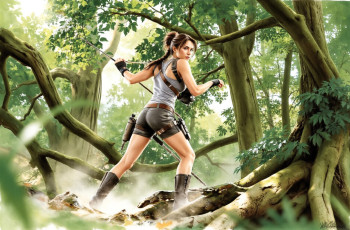 обоя видео игры, tomb raider , other, лара, крофт, майка, шорты, оружие, лес