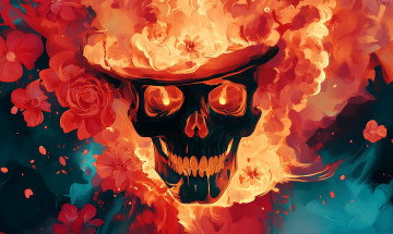 обоя фэнтези, нежить, череп, шляпа, огонь, цветы
