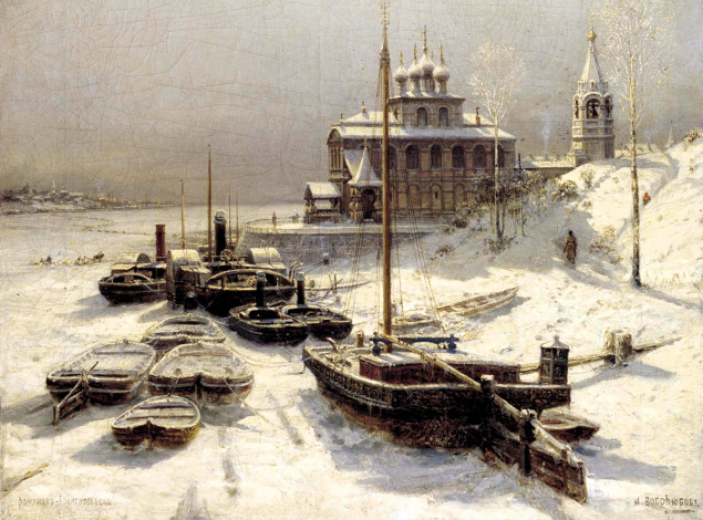 Обои картинки фото рисованное, алексей боголюбов, город, зима, лед, снег, лодки, река