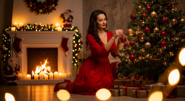 Обои картинки фото праздник, праздничные, - разное , новый год, девушка, новый, год, камин, ёлка