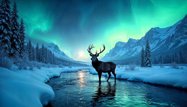 Обои картинки фото 3д графика, животные , animals, олень, река, зима, снег, северное, сияние, лес, горы