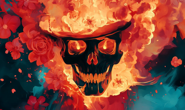 Обои картинки фото фэнтези, нежить, череп, шляпа, огонь, цветы