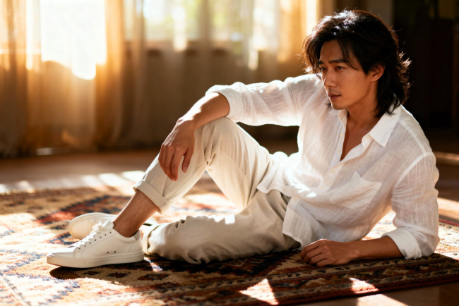 Обои картинки фото 3д графика, люди , people, парень, азиат, рубашка, брюки, кроссовки, ковер