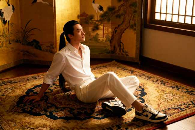 Обои картинки фото 3д графика, люди , people, парень, азиат, рубашка, брюки, кроссовки, ковер, ширма, окно