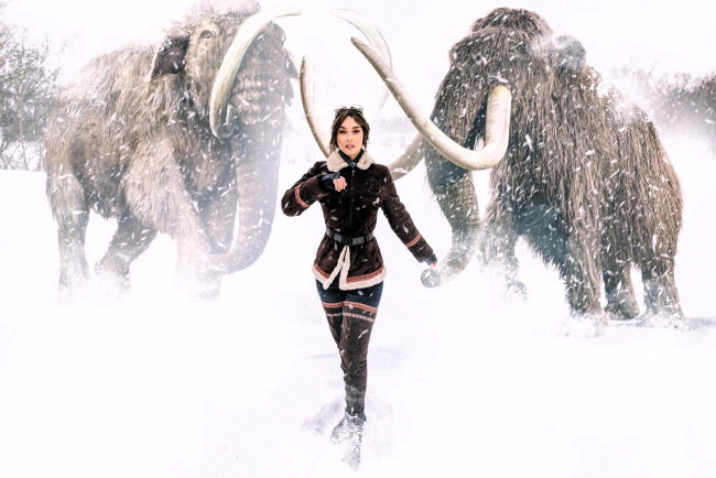 Обои картинки фото девушки, анна шаховская, образ, косплей, наряд, костюм, сибирь, снег, зима, мамонты