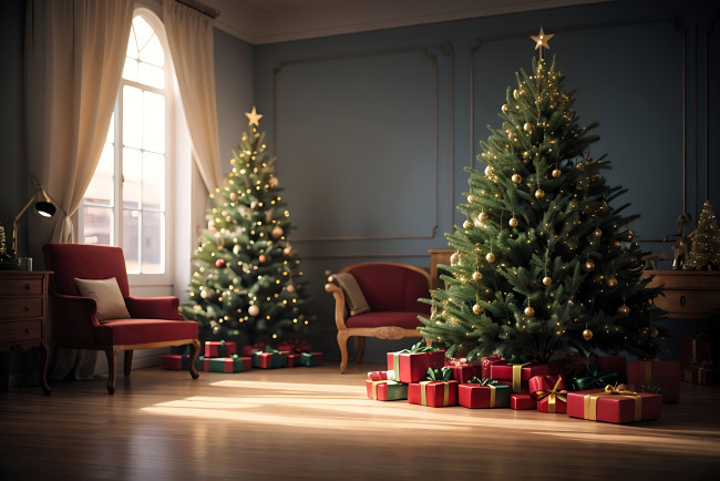 Обои картинки фото праздничные, ёлки, комната, подарки, кресла, окно