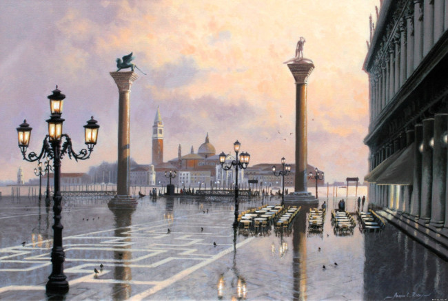 Обои картинки фото adrian rigby, рисованное, город, площадь, здание, фонари, колонны