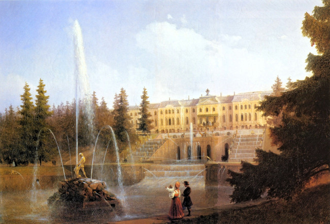 Обои картинки фото aivazovsky - look to the large cascade and large petergof palace, рисованное, иван айвазовский, дворец, парк, ёлки, фонтан, люди
