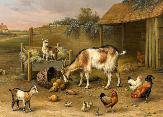 Обои картинки фото рисованное, edgar hunt, сарай, козлята, коза, сено, репа, цыплята, куры
