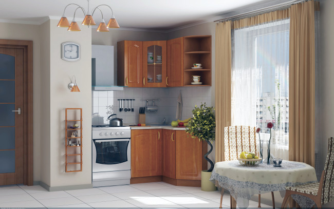 Обои картинки фото 3д, графика, realism, реализм, стулья, стол, люстра, шкафчики, плита, часы