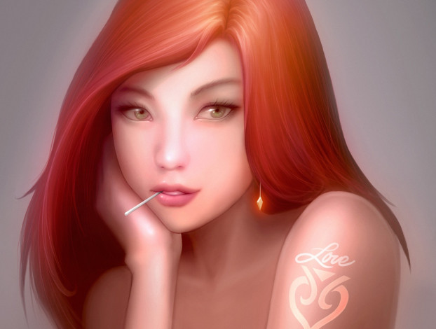 Обои картинки фото 3д, графика, portraits, портрет, татуировка, рыжая, love, палочка, рука, девушка