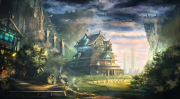 Картинка фэнтези иные+миры +иные+времена иной ущелье селение долина скалы мир