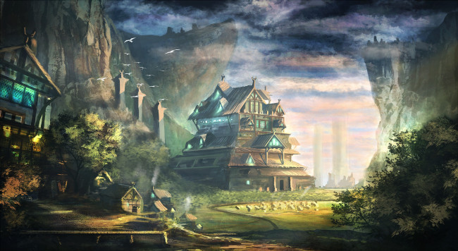 Обои картинки фото фэнтези, иные миры,  иные времена, иной, ущелье, селение, долина, скалы, мир