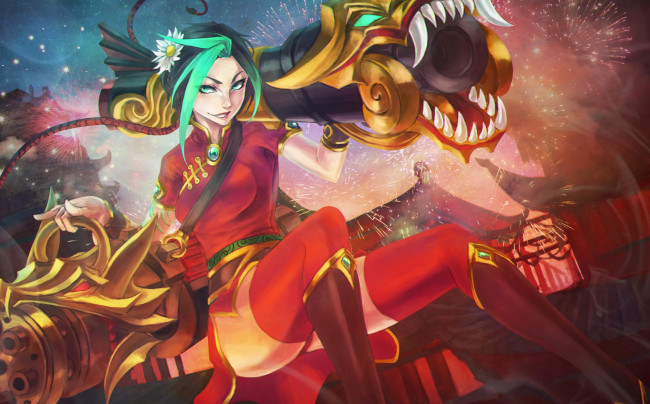 Обои картинки фото league of legends, фэнтези, девушки, девушка, пушка, moba, riot, games, платье, skin, lol, jinx, loose, cannon, league, of, legends