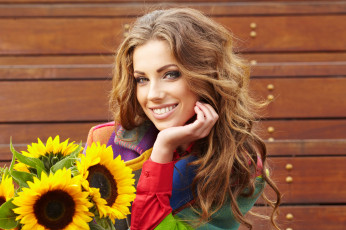 Картинка девушки -unsort+ лица +портреты букет волосы лицо шатенка девушка подсолнухи портрет