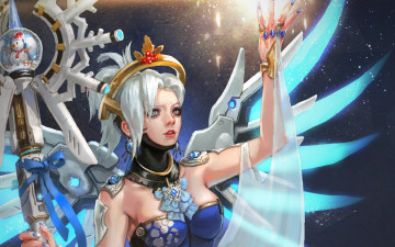 Картинка видео+игры overwatch доктор angela ziegler рождество mercy зима ангел посох праздник новый год девушка