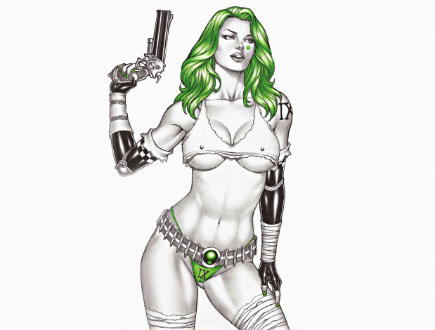 Обои картинки фото рисованное, комиксы, револьвер, униформа, фон, девушка