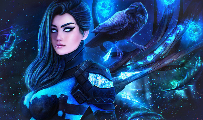 Обои картинки фото видео игры, guild wars, арт, ворон, прическа, девушка, ворона, волосы, guild, wars, взгляд, магия, грудь