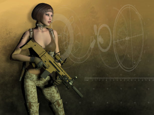 Картинка 3д+графика люди+ people униформа автомат фон девушка