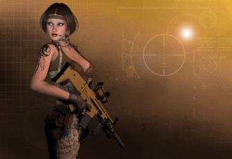 Картинка 3д+графика люди+ people автомат взгляд тату фон девушка