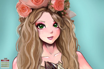 Картинка календари аниме цветы 2018 девушка венок лицо взгляд