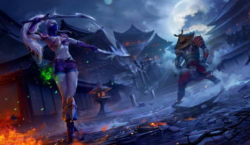 Картинка фэнтези эльфы город маска меч девушка фон существо