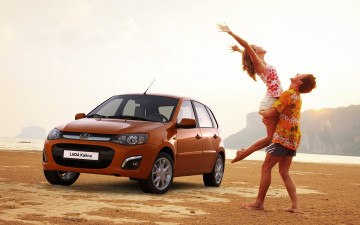 Картинка автомобили ваз парень хэтчбек пара hatchback лада lada kalina пляж