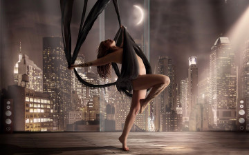Картинка фэнтези девушки небоскребы танец дома девушка огни окно город ткань колонки