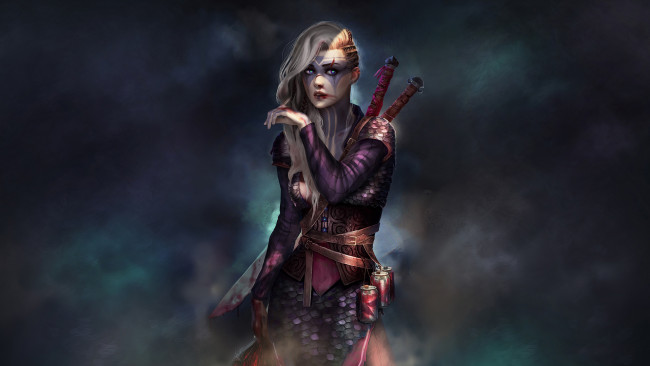 Обои картинки фото фэнтези, девушки, фон, девушка, взгляд, оружие