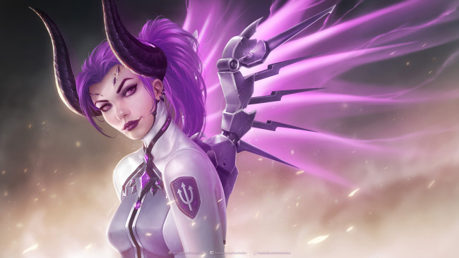 Обои картинки фото фэнтези, существа, фон, девушка, взгляд, рога