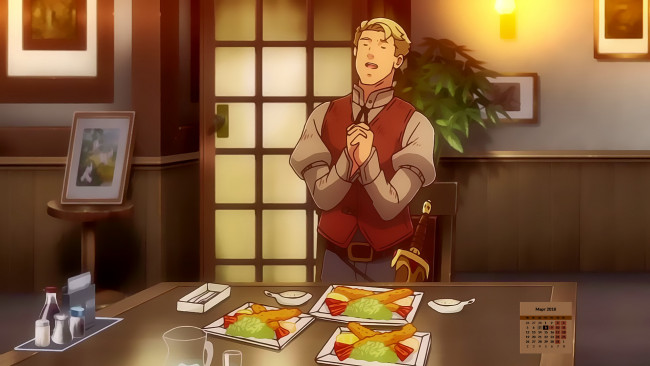 Обои картинки фото календари, аниме, 2018, парень, молитва, еда
