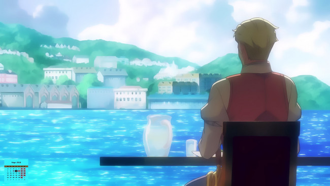 Обои картинки фото календари, аниме, мужчина, 2018, водоем, здание