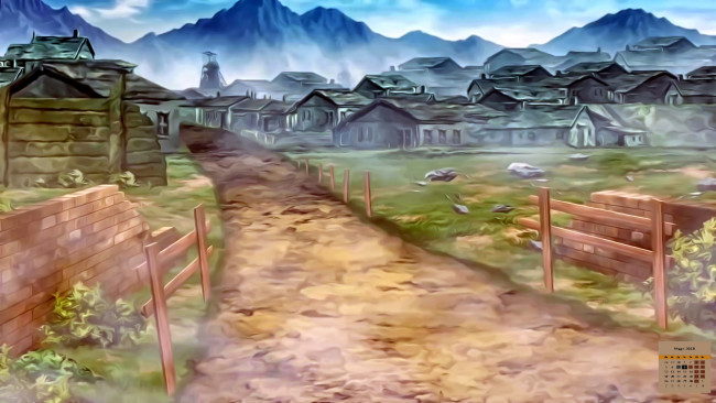 Обои картинки фото календари, рисованные,  векторная графика, забор, гора, дом, дорога, 2018