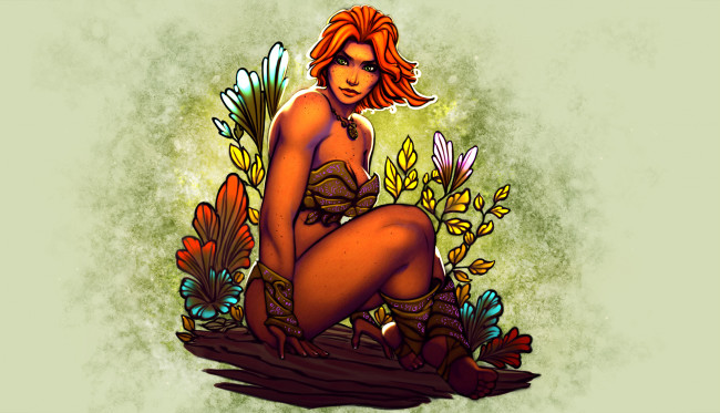 Обои картинки фото рисованное, комиксы, девушка, фон, цветы, взгляд