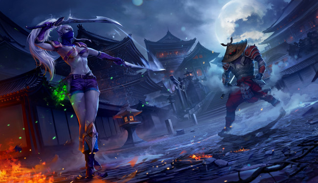 Обои картинки фото фэнтези, эльфы, город, маска, меч, девушка, фон, существо