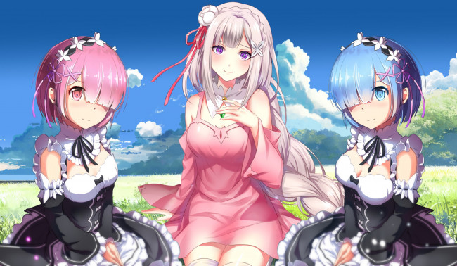 Обои картинки фото аниме, re,  zero kara hajimeru isekai seikatsu, девушки, взгляд, фон