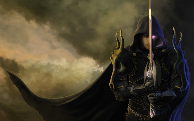 Обои картинки фото фэнтези, существа, взгляд, меч, фон, мужчина, плащ, существо