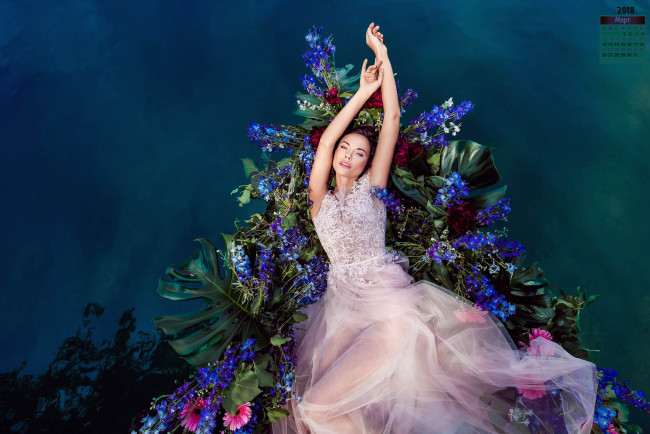 Обои картинки фото календари, девушки, цветы, 2018, взгляд