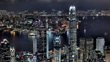 Картинка города гонконг+ китай дома здания огни река